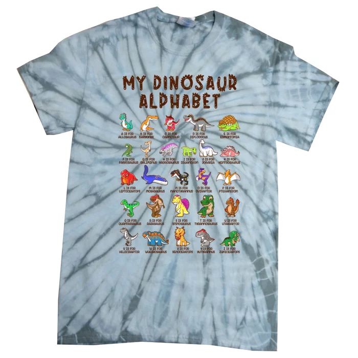 Types Of Dinosaurs Alphabet Dino Identification Meaningful Gift Tie-Dye T-Shirt