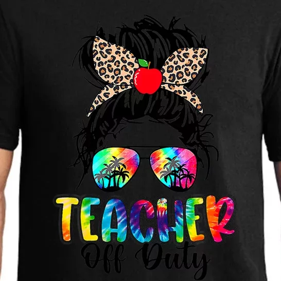 Teacher Off Duty Leopard Messy Bun Last Day School Tie Dye Pajama Set