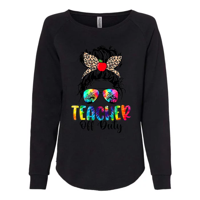 Teacher Off Duty Leopard Messy Bun Last Day School Tie Dye Womens California Wash Sweatshirt