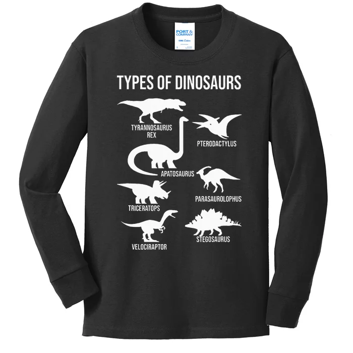 Types Of Dinosaurs  Dinosaur Lover Kids Long Sleeve Shirt