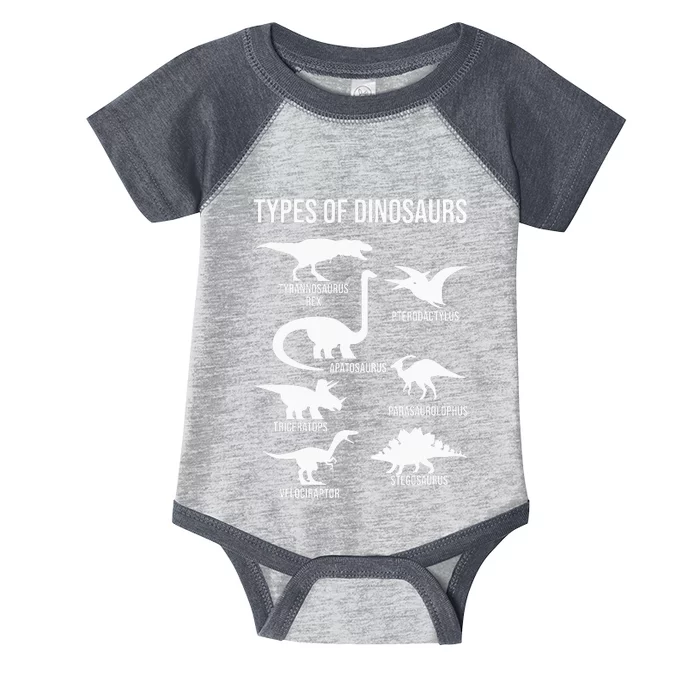 Types Of Dinosaurs  Dinosaur Lover Infant Baby Jersey Bodysuit