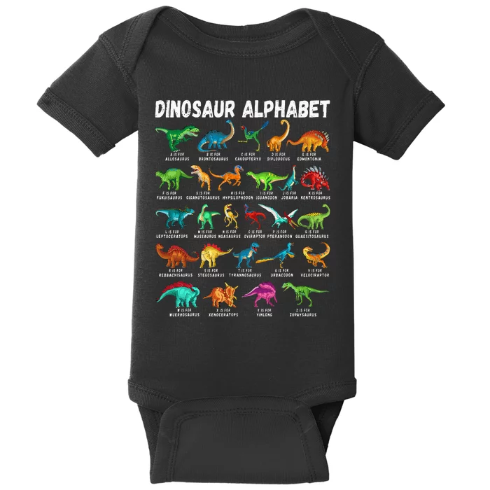 Types Of Dinosaurs Alphabet A Z ABC Dino Identification Baby Bodysuit