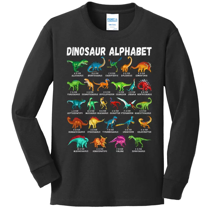 Types Of Dinosaurs Alphabet Az Abc Dino Identification Kids Long Sleeve Shirt