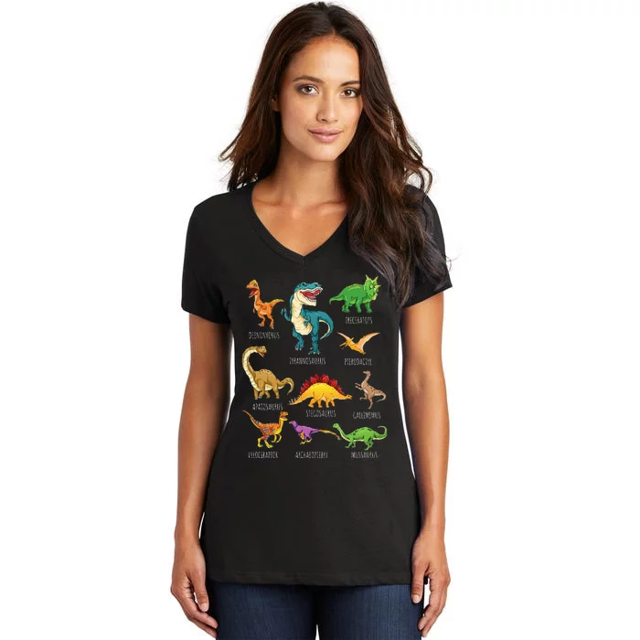 Types Of Dinosaurs Graphics Dino Identification Women's V-Neck T-Shirt