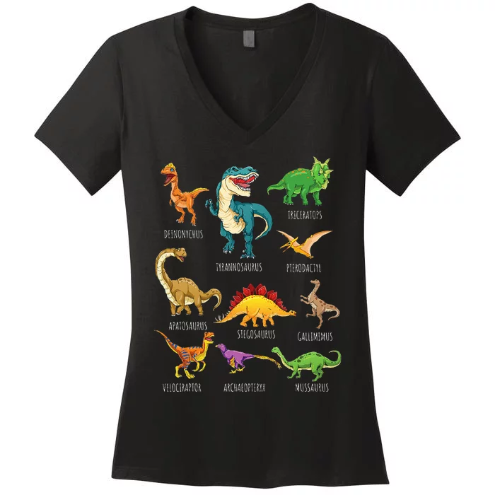 Types Of Dinosaurs Graphics Dino Identification Women's V-Neck T-Shirt