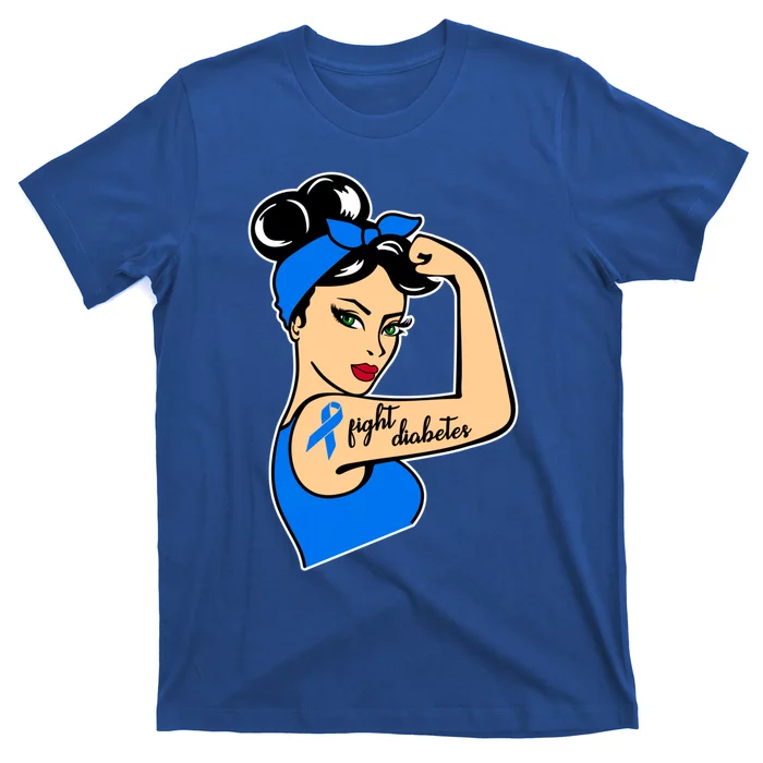 Type One Diabetes Awareness Month Rosie Riveter Blue Ribbon Gift T-Shirt