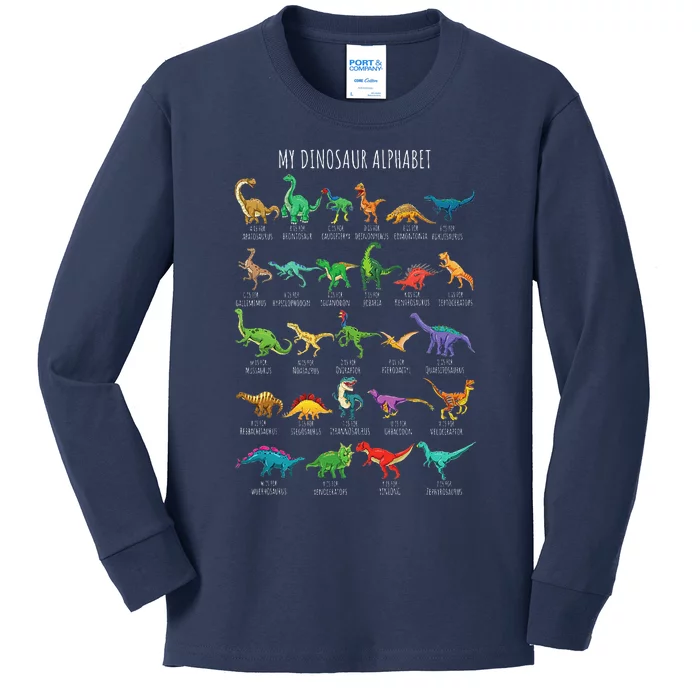 Types Of Dinosaurs Alphabet Az Abc Dino Identification Kids Long Sleeve Shirt