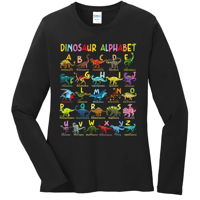 Types Of Dinosaurs Alphabet Az Abc Dino Identification Ladies Long Sleeve Shirt