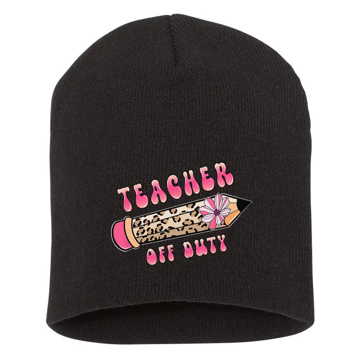 Teacher Off Duty Hello Summer Pink Leopard Pencil Teacher Short Acrylic Beanie