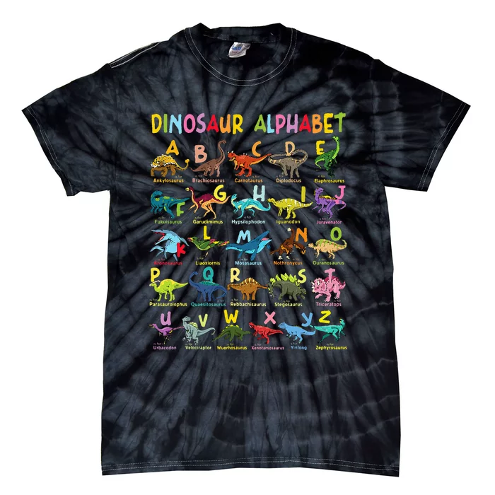 Types Of Dinosaurs Alphabet AZ ABC Dino Identification Fun Tie-Dye T-Shirt