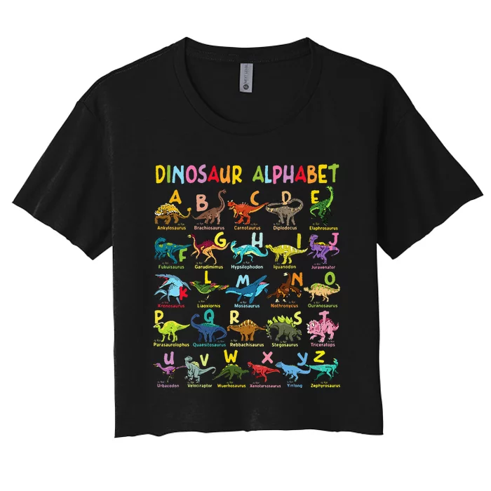 Types Of Dinosaurs Alphabet AZ ABC Dino Identification Fun Women's Crop Top Tee