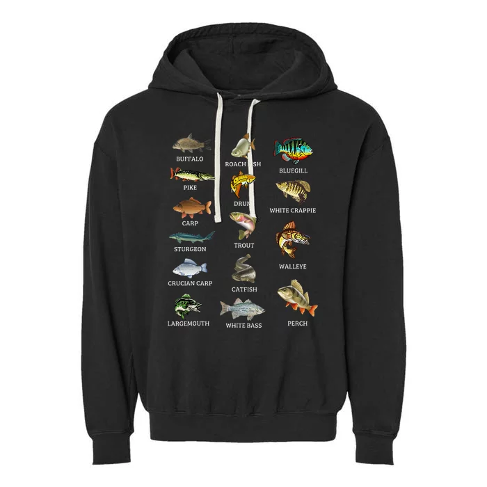 Types Of Freshwater Fish Species Fishing Fisherman Anglers Garment-Dyed Fleece Hoodie