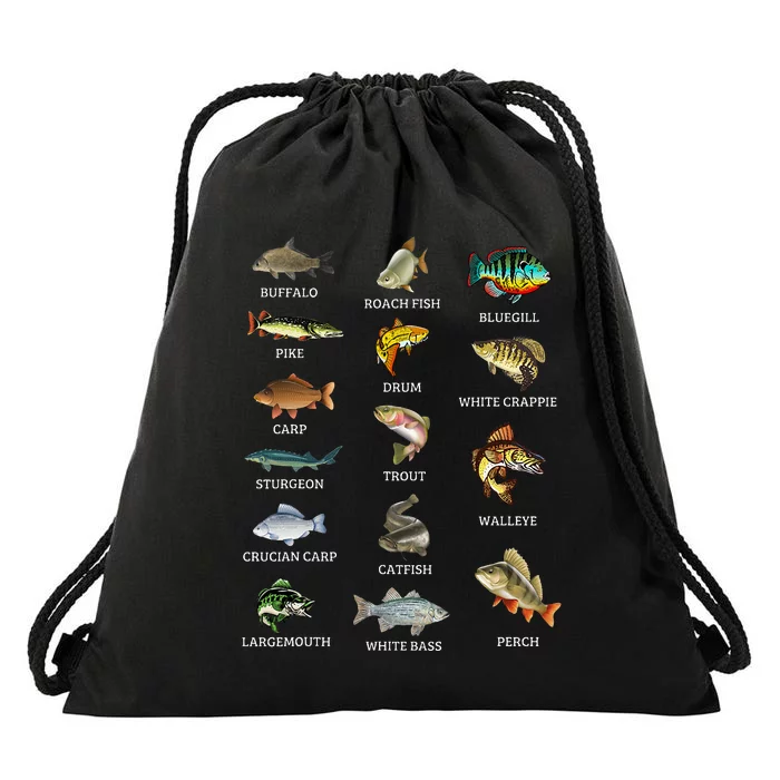 Types Of Freshwater Fish Species Fishing Fisherman Anglers Drawstring Bag