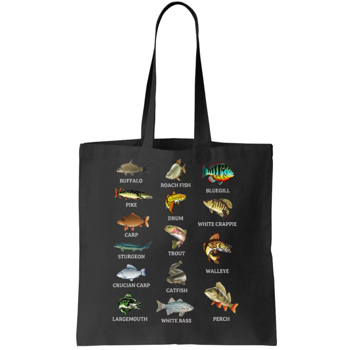 Types Of Freshwater Fish Species Fishing Fisherman Anglers Tote Bag