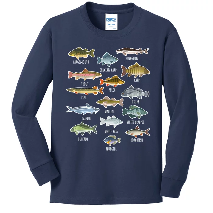 Types Of Freshwater Fish Species Fishing Shirt Fishing Merch New Fishing Costume Kids Long Sleeve Shirt