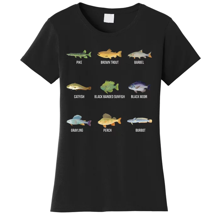 Types Of Freshwater Fish Species Funny Fishing Gifts Women's T-Shirt