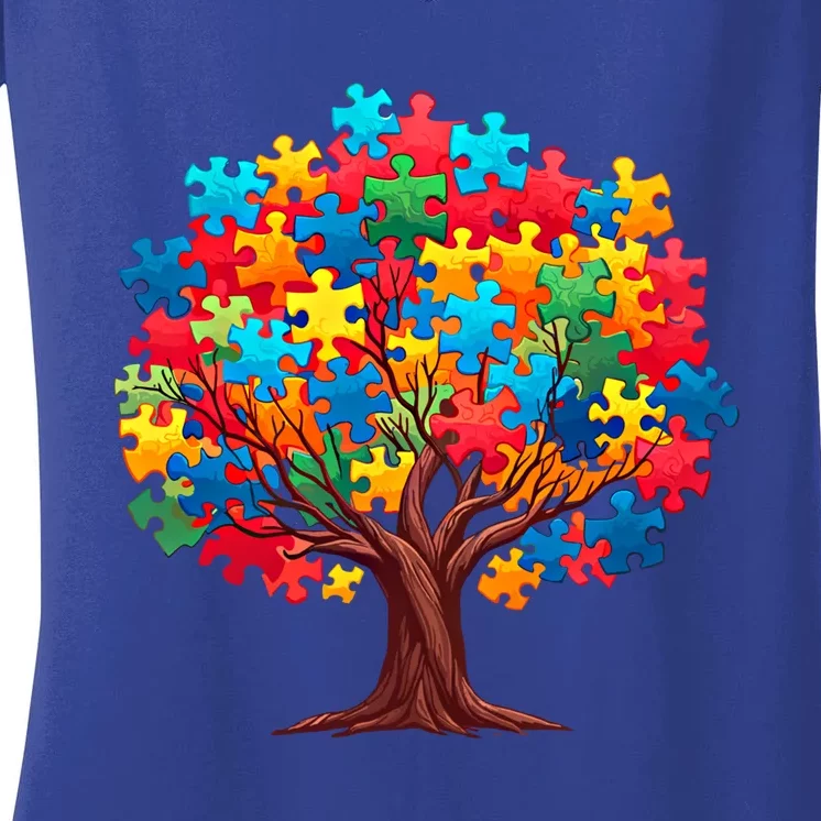 Tree Of Hope Autism Awareness Funny Support Puzzle Great Gift Women's V-Neck T-Shirt