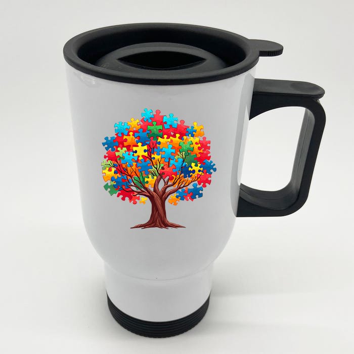 Tree Of Hope Autism Awareness Funny Support Puzzle Great Gift Front & Back Stainless Steel Travel Mug