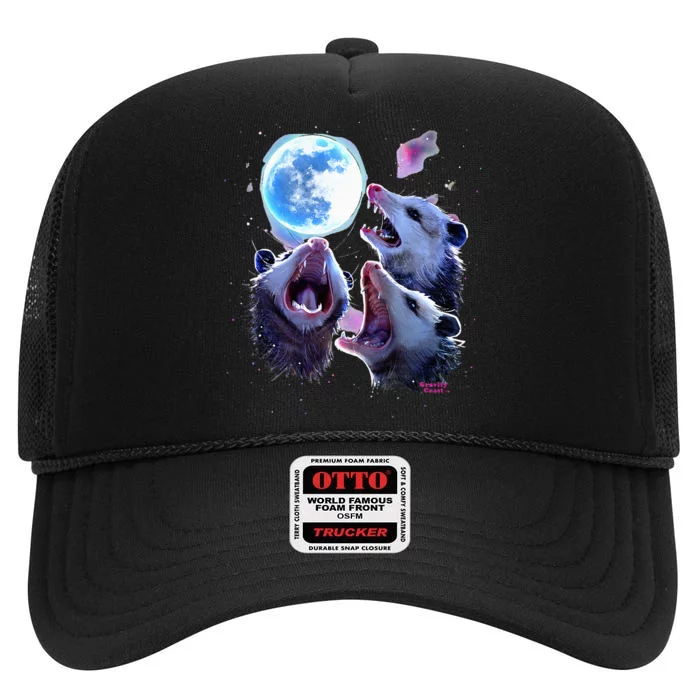 Three Opossums Howling At The Moon High Crown Mesh Trucker Hat