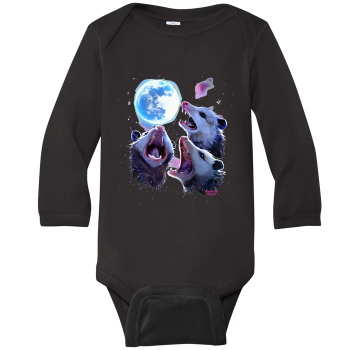 Three Opossums Howling At The Moon Baby Long Sleeve Bodysuit