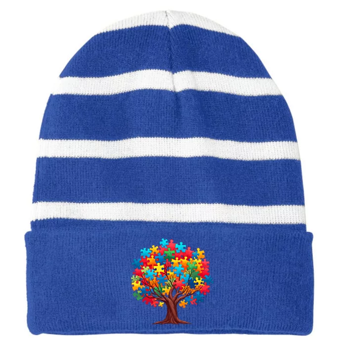 Tree Of Hope Autism Awareness Funny Support Puzzle Great Gift Striped Beanie with Solid Band