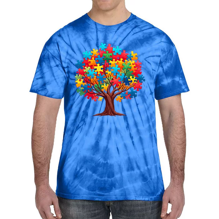 Tree Of Hope Autism Awareness Funny Support Puzzle Great Gift Tie-Dye T-Shirt