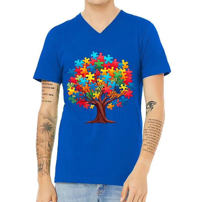 Tree Of Hope Autism Awareness Funny Support Puzzle Great Gift V-Neck T-Shirt