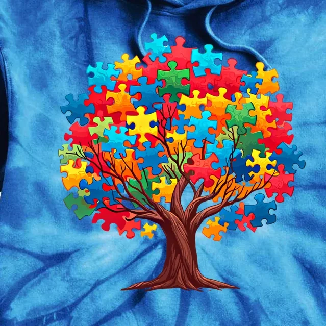 Tree Of Hope Autism Awareness Funny Support Puzzle Great Gift Tie Dye Hoodie