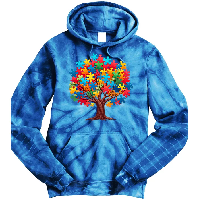 Tree Of Hope Autism Awareness Funny Support Puzzle Great Gift Tie Dye Hoodie