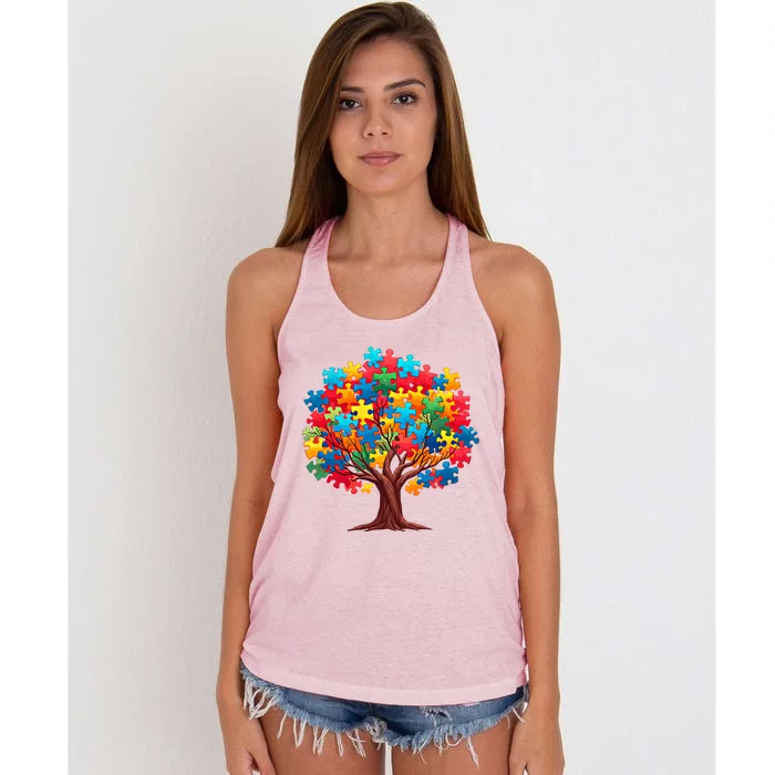 Tree Of Hope Autism Awareness Funny Support Puzzle Great Gift Women's Knotted Racerback Tank