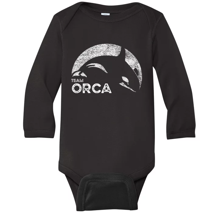 Team Orca Killer Whale Distressed Design Baby Long Sleeve Bodysuit