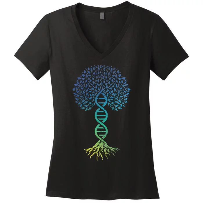 Tree Of Life DNA Science Genetics Earth Day Genealogy Blue Women's V-Neck T-Shirt