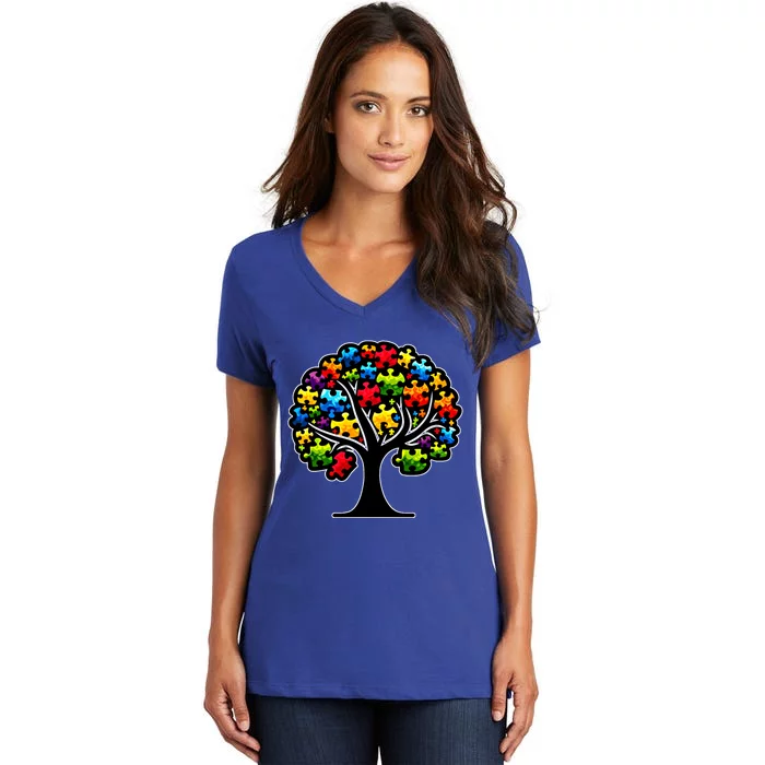 Tree Of Life Autism Awareness Month Funny Asd Supporter Gift Women's V-Neck T-Shirt