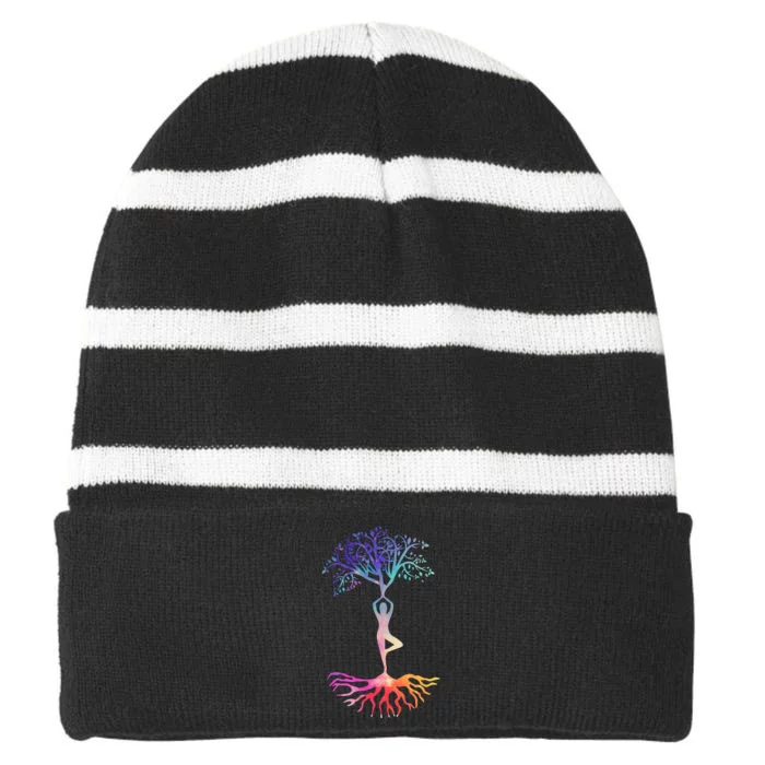 Tree Of Life With Colorful Yoga Striped Beanie with Solid Band