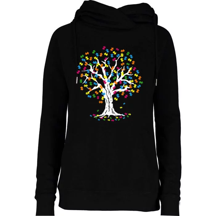 Tree Of Life Autism Awareness Month Funny ASD Supporter Womens Funnel Neck Pullover Hood