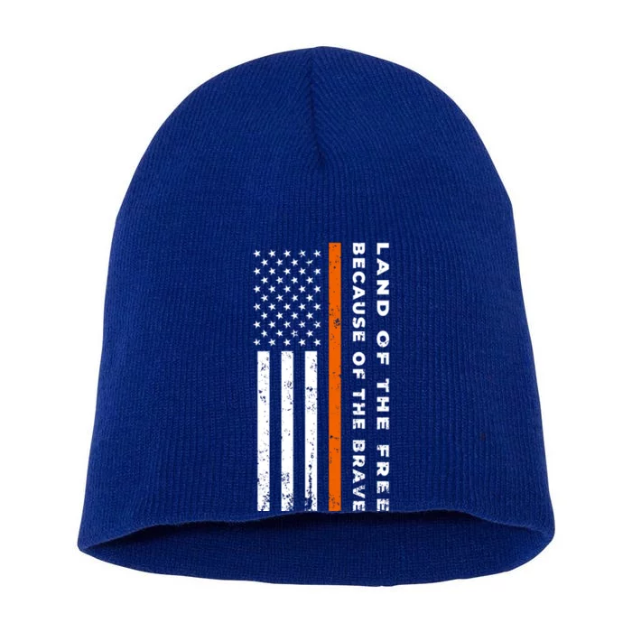 Thin Orange Line Land Of The Free Because Of The Brave Funny Gift Short Acrylic Beanie