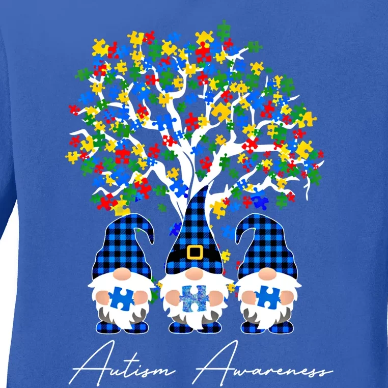 Tree Of Life Autism Gnomes Blue Plaid Autism Awareness Month Gift Ladies Long Sleeve Shirt