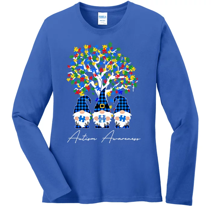 Tree Of Life Autism Gnomes Blue Plaid Autism Awareness Month Gift Ladies Long Sleeve Shirt