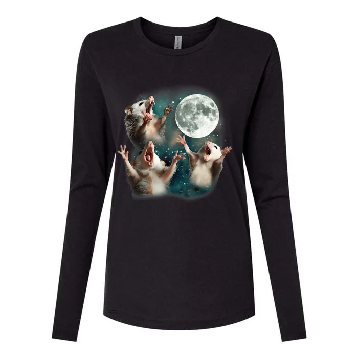 Three Opposum Moon 3 Possum Dead Moon Weird Cursed Meme Womens Cotton Relaxed Long Sleeve T-Shirt