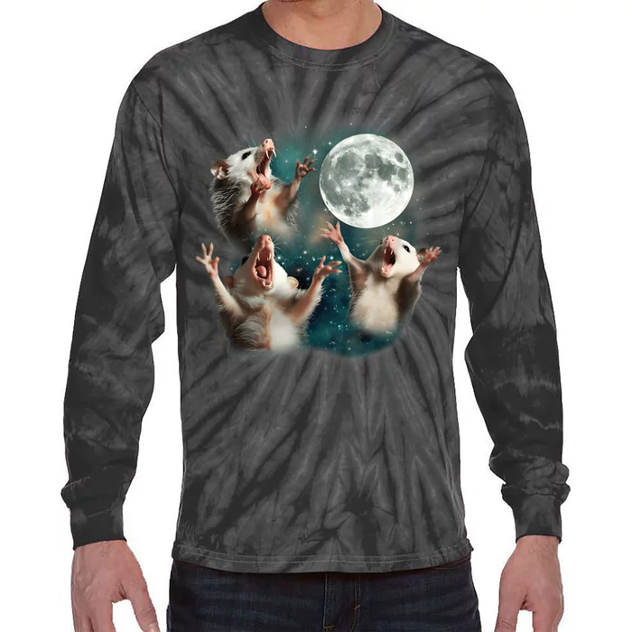 Three Opposum Moon 3 Possum Dead Moon Weird Cursed Meme Tie-Dye Long Sleeve Shirt