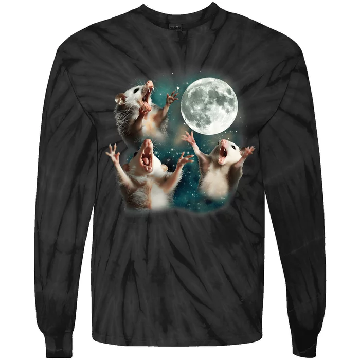 Three Opposum Moon 3 Possum Dead Moon Weird Cursed Meme Tie-Dye Long Sleeve Shirt