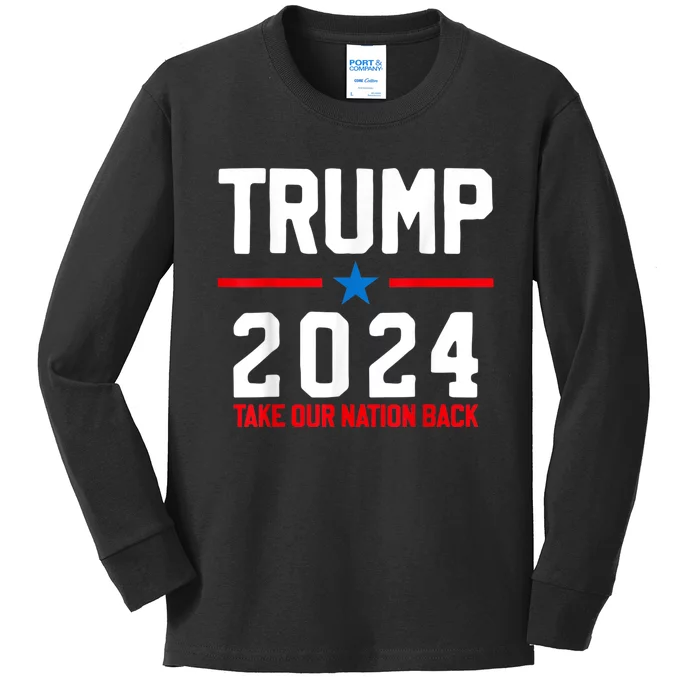 Take Our Nation Back Trump 2024 Election Pro Trump US Flag Kids Long Sleeve Shirt