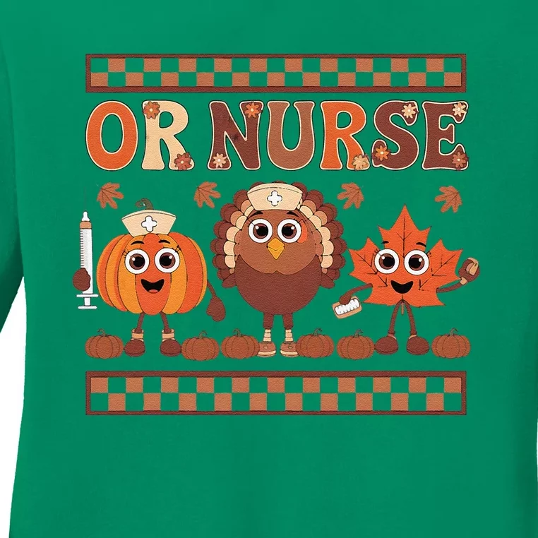 Thanksgiving Or Nurse Fall Pumpkin And Turkey Autumn Check Ladies Long Sleeve Shirt