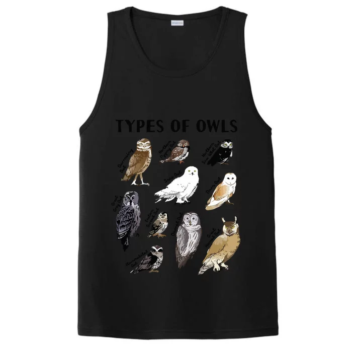 Types Of Owls Educational Collection Cute Owl Lover Gift Performance Tank