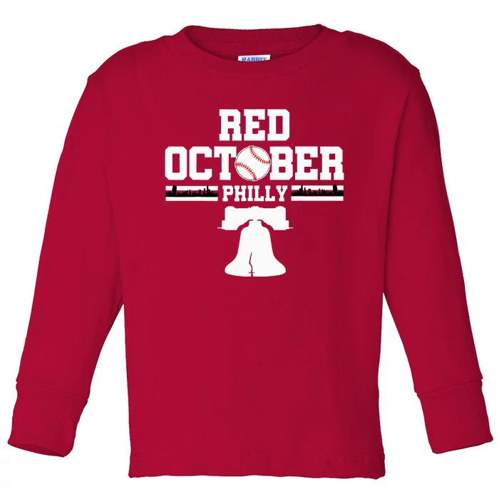 Take October Red Baseball Fan Toddler Long Sleeve Shirt