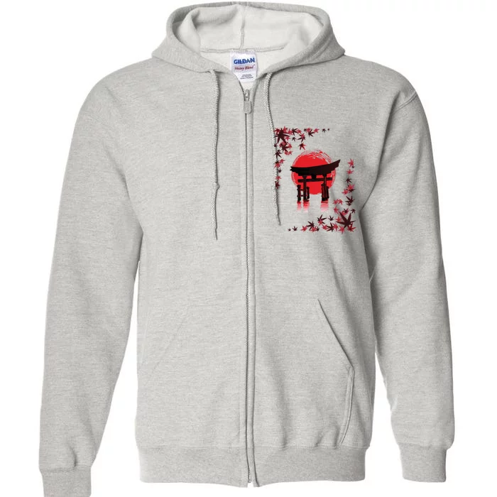 Torii Arch Sunset Maple Leaves Red Sun Full Zip Hoodie