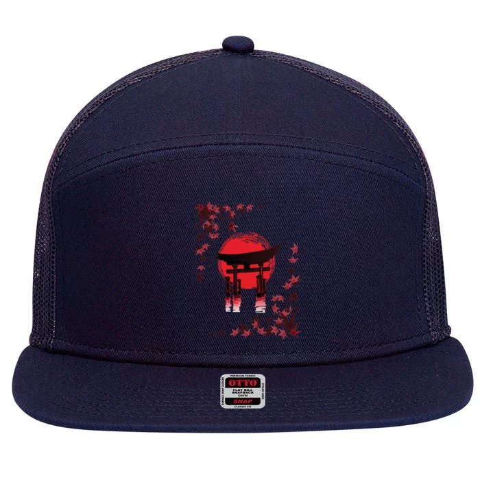 Torii Arch Sunset Maple Leaves Red Sun 7 Panel Mesh Trucker Snapback Hat