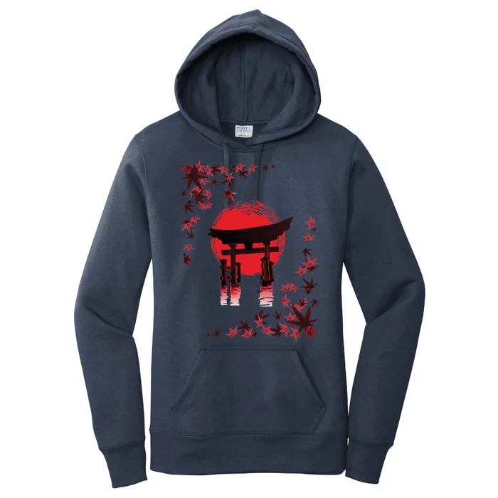 Torii Arch Sunset Maple Leaves Red Sun Women's Pullover Hoodie