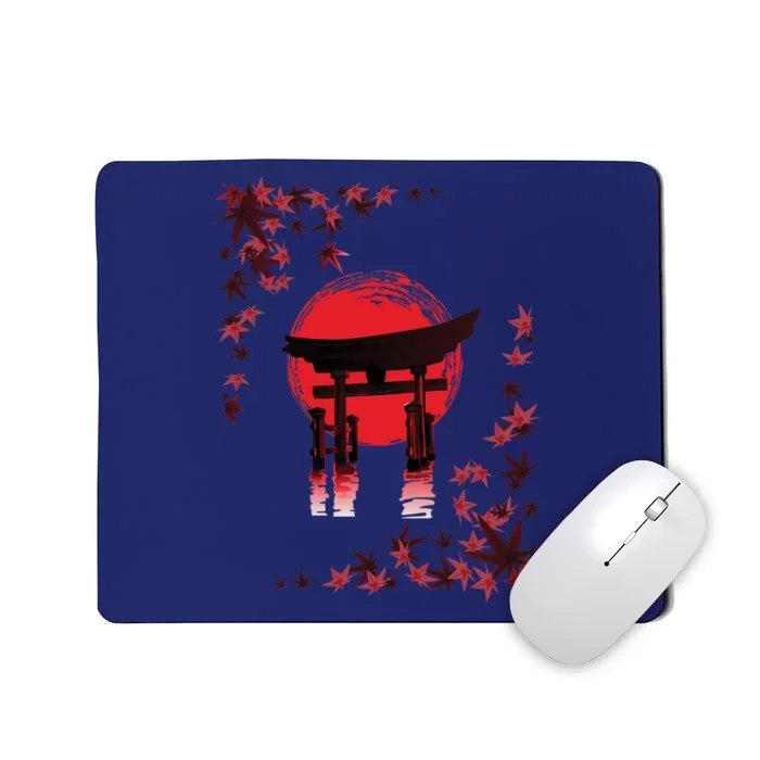 Torii Arch Sunset Maple Leaves Red Sun Mousepad