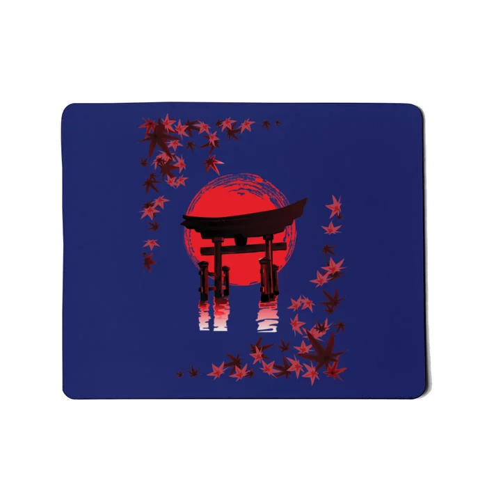 Torii Arch Sunset Maple Leaves Red Sun Mousepad